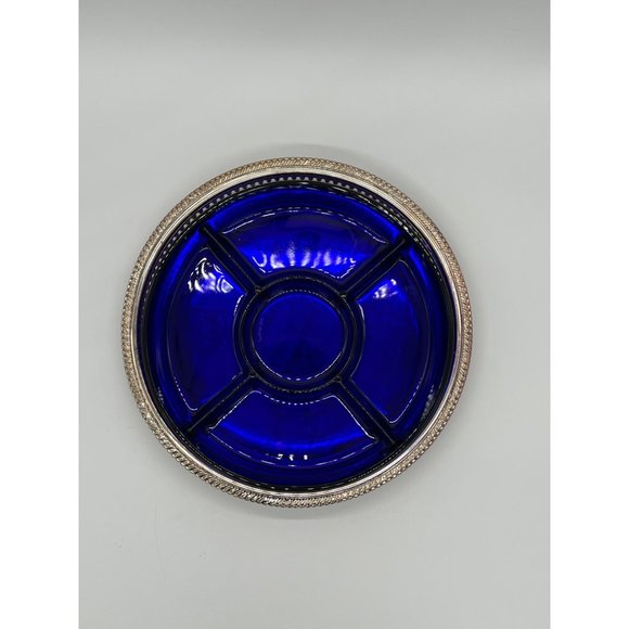 Vintage Cobalt Blue Divided Appetizer/Veggie/Dip Tray on Silver Color Platter - Picture 4 of 8